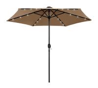 Garden Parasol Taupe 270cm Polyester Aluminium Pole Solar LED 6 Ribs Crank 1.6W