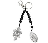 Pardon Indulgence Crucifix with Saint Michael Medal Keychain | Black Wooden Beads | Includes Claw Clip and Keyring | Add to Keys, Backpack, or Zipper | Great Catholic Gift, Black, Medium