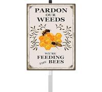 Pardon the Weeds We're Feeding The Bees Yard Sign with Stakes Do Not Mow Do Not Spray Aluminum Lawn Sign Stand for Yard Garden Pollinator Wildflower Save Bee Habitat Sign Outdoor Decorations