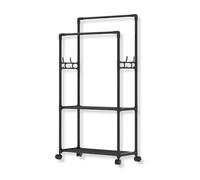 PARENCE. - Double coat rack with shelves and lockable wheels - Double bar, double shelves and 4 side hooks - 169 cm