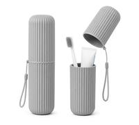 PARENCE. - Set of 2 Travel Toothbrush Cases - Hygienic Storage Cups with Hanging Cord - Waterproof Hard Plastic - Compact Size 19x5.5cm - 2 Pieces, Grey
