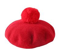 Parent-Child Painter Hat with pompom Beret Travel Foldable Autumn Winter Christmas New Year Gift for Kid Girl Boy Mom,Red-S