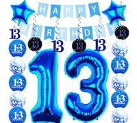 Pargleev 13th Birthday Decorations for Boys Girls,16in Number 13 Birthday Foil Balloons with Swirl Decorations Happy Birthday Banner and Star Foil Balloons 10PCS Confetii and Latex Balloons Blue