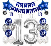 Pargleev 13th Birthday Decorations for Boys Girls, 16in Number 13 Foil Balloon With Swirl Decorations, Happy Birthday Banner, Star Foils, 12PCS Confetti and Latex Balloons Silver