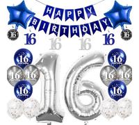 Pargleev 16th Birthday Decorations for Boys Girls,32in Number 16 Birthday Foil Balloons with Swirl Decorations Happy Birthday Banner and Star Foil Balloons 12PCS Confetii and Latex Balloon Silver