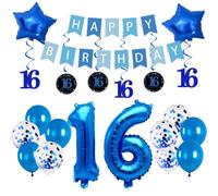Pargleev 16th Birthday Decorations for Boys Girls,32in Number 16 Birthday Foil Balloons with Swirl Decorations Happy Birthday Banner and Star Foil Balloons 10PCS Confetii and Latex Balloons Blue