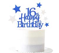 Pargleev 16th Glittery Royal Personalised Birthday Gifts: Happy Birthday 16 Cake Topper with Stars - Sixteen Years Old Party Supplies, Decorations, Keepsakes in Blue