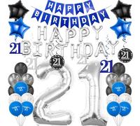 Pargleev 21st Birthday Decorations, 40 inch Number 21 Birthday Balloons with Swirl Decorations Happy Birthday Banner and Star Foil Balloons Confetii Latex Balloons for Party Decorations Silver