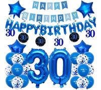 Pargleev 30th Birthday Decorations - 40 Inch Number 30 Balloons with Swirl, Star Foil and Confetti Latex Balloons for Blue Birthday Party
