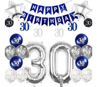 Pargleev 30th Birthday Decorations for Men Women,32 inch Number 30 Birthday Foil Balloons with Swirl Decorations Happy Birthday Banner and Star Foil Balloons 12PCS Confetii Silver