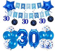 Pargleev 30th Birthday Party Decorations for Men Women in Blue Comprise Balloons with Swirl Decorations, A Happy Birthday Banner, A Set of 16-Inch "30" Numbers and Star Foil Balloons in Blue.