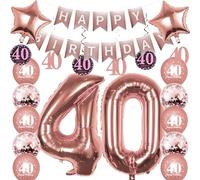 Pargleev 40th Birthday Decorations for Men Women, 16in Number 40 Foil Balloon With Swirl Decorations, Happy Birthday Banner, Star Foil Balloons, 10PCS Confetti and Latex Balloons Rose Gold