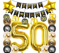 Pargleev 50th Birthday Decorations - 12PCS Balloons, Banners, Confetti in Black & Gold
