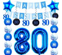 Pargleev 80th Birthday Party Decorations for Men Women in Blue Comprise Balloons with Swirl Decorations, A Happy Birthday Banner, A Set of 32-Inch "80" Numbers and Star Foil Balloons in Blue