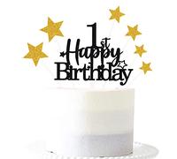 Pargleev Black Gold 1st Birthday Cake Topper, Glittery Star Cake Decoration