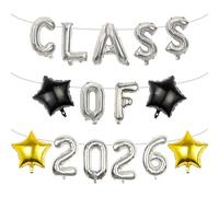 Pargleev Class of 2026 Graduation Balloons Set, Silver Foil Kit | 16 balloon kit, Class of letters, number balloons, 4 stars, straw and ribbon included, air fill, reusable, dual year