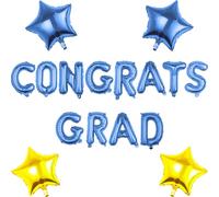 Pargleev Congrats Grad Balloons Set, Blue Gold Foil Letters and Stars
