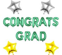 Pargleev Congrats Grad Balloons Set, Green Foil Letters and Stars