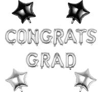 Pargleev Congrats Grad Balloons Set, Silver Black Foil Letters and Stars