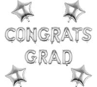 Pargleev Congrats Grad Balloons Set, Silver Foil Letters and Stars