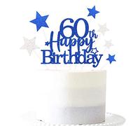 Pargleev Glittery Royal Blue 60th Birthday Cake Topper with Star, Sixty Years Old Milestone Celebration Gift for Men & Women, Gold Accent Party Decorations
