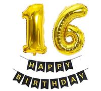 Pargleev Number 16 or 61 Helium Foil Balloons 16th 61th Happy Birthday Banners Bunting Set with 32 inch Mylar Foil Balloons for Men Women Boys Girls Party Decorations Black Gold