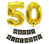 Pargleev Number 50 or 05 Helium Foil Balloons 50th 05th Happy Birthday Banners Bunting Set with 32 inch Mylar Foil Balloons for Men Women Boys Girls Party Decorations Black Gold