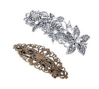 Parieo 2 Pieces Vintage Silver Leafy Barrette Antique Filigree Silver Flower Crystal Barrette Diamante Flower Design Hair Barrette