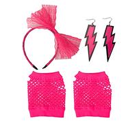 Parieo 3 Pieces 80s Fancy Dress Costume Accessories Retro Lace Headband Neon Earrings Fingerless Fishnet Gloves (Rose Red)