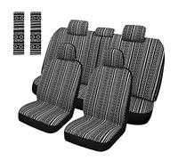 Pariitadin Baja Saddle Blanket Car Seat Covers Full Set with Seat Belt Pads, Washable Breathable Striped Woven Cloth Seat Covers for Cars, Universal Fit Most Cars, Airbag Compatible, Black/White