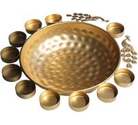 PARIJAT HANDICRAFT Peacock Design Urli with Diyas Home Decors Metal Golden Color Round Peacock Border with Beautiful Handcrafted Uruli Bowl Size: 13.5