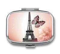 Paris and Butterfly Pill Case with 2 Compartment, Pill Organizer Portable Square Pill Box,Vitamin Pill Organizer for Pocket Purse and Travel