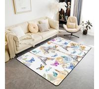 Paris Area Rug Butterfly Rose Flower Print Indoor Floor Mats Entrance Rugs for Boys Girls Room Decor,Eiffel Tower Non Slip Absorbent Carpets, 4'11" x 3'3" (Rectangular)