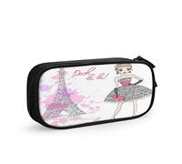 Paris Big Capacity Pencil Case France Eiffel Tower Fashion French Girl Floral Dress Pink Doodle Flower Pen Box Large Storage Bag Pouch School Stationary for Women Men