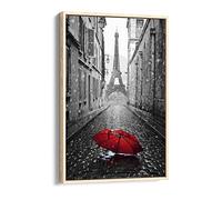 Paris Black And White Red Umbrella Art Canvas Floater Frame Print Picture Art - Light Oak Frame 8 inch wide x 12 inch high