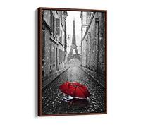 Paris Black And White Red Umbrella Art Canvas Floater Frame Print Picture Art - Walnut Frame 8 inch wide x 12 inch high