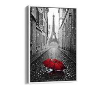 Paris Black And White Red Umbrella Art Canvas Floater Frame Print Picture Art - White Frame 24 inch wide x 36 inch high