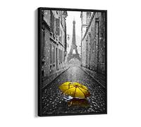Paris Black And White Yellow Umbrella Art Canvas Floater Frame Print Picture Art - Black Frame 12 inch wide x 18 inch high