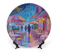 Paris Cafe Neon Night Bone China Decorative Plate with Display Stand, 8inch Porcelain Wall Hanging Plate for Home Office Decor, Elegant Round Ceramic Plates for Home Decor & Gift Idea