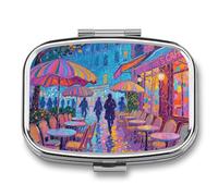 Paris Cafe Neon Night Pill Case 2-Compartment Pill Organizer with Mirror- Portable Medicine Container for Purse & Travel, Small Medicine Box for Vitamins, Fish Oil, Supplements