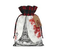 Paris Christmas Drawstring Linen Gift Bag Paired With Scottish Plaid Fabric, With A Delicate And Simple Texture