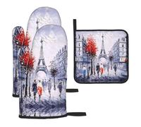 Paris City Tree Eiffel Tower Art Print Oven Mitts And Pot Holders 3pcs Set,Heat Resistant 500°f Kitchen Gloves For Cooking Baking