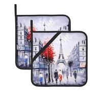 Paris City Tree Eiffel Tower Art Print Pot Holders Sets – Heat Resistant Potholders, 2-Pack Kitchen Oven Mitts for Baking, BBQ, Microwave