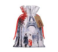 Paris City Tree Eiffel Tower Art Printing Drawstring Christmas Bag With Kraft Tag 4.7x6.9 Inch For Halloween Wrapping Gifts