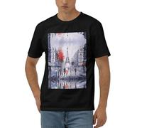 Paris City Tree Eiffel Tower Art Soft Stretch Daily Wear T-Shirt for Men Modern Fit Short Sleeve Casual Comfortable Tee for Home Black