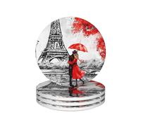 Paris Coasters for Drinks Set of 4, 4 Inch Romantic French Red Style Eiffel Tower Absorbent Diatomite Ceramics Coasters for Coffee Table with Cork Base Tabletop Protection Red