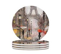 Paris Coasters for Drinks Set of 4, 4 Inch Romantic French Style Eiffel Tower Absorbent Diatomite Ceramics Coasters for Coffee Table with Cork Base Tabletop Protection Suitable for Dining Desks