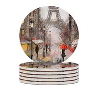 Paris Coasters for Drinks Set of 6, 4 Inch Romantic French Style Eiffel Tower Absorbent Diatomite Ceramics Coasters for Coffee Table with Cork Base Tabletop Protection Suitable for Dining Desks