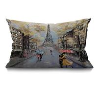 Paris Cushion Cover 12x20 Inch Oil Painting Autumn Lovers Kiss on Rainy France Street Eiffel Tower Rectangle Pillow Cases Home Decorative Cotton Linen Throw Pillow Cover for Bed Sofa 30 x 50 cm