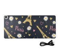 Paris Daisy Flowers Black Pattern Heated Desk Mat Large Heated Warm Desk Pad with 3 Heating Levels PU Leather Writing Pad and Blotter for Home Decor, 35.4x15.7in